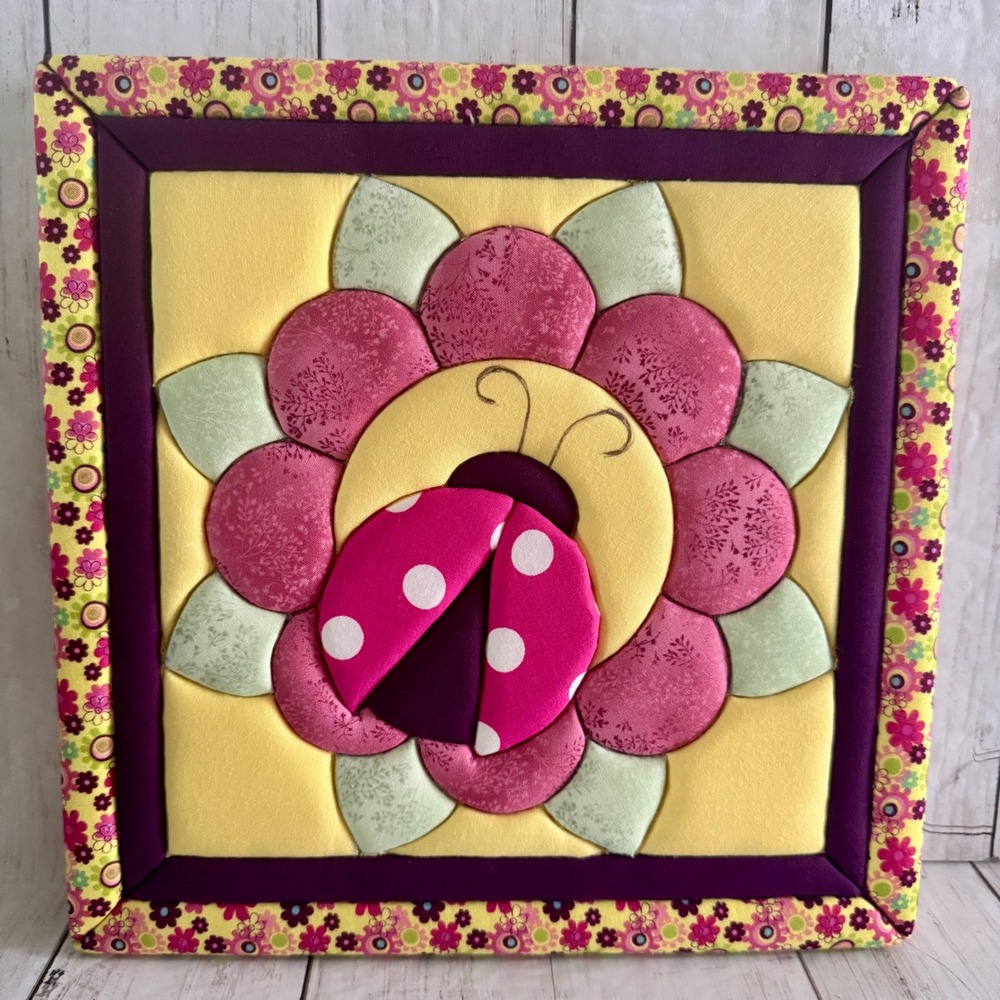 Handmade Ladybug Flower Quilted Fabric Wall Art 3D Puff Patchwork Framed Decor